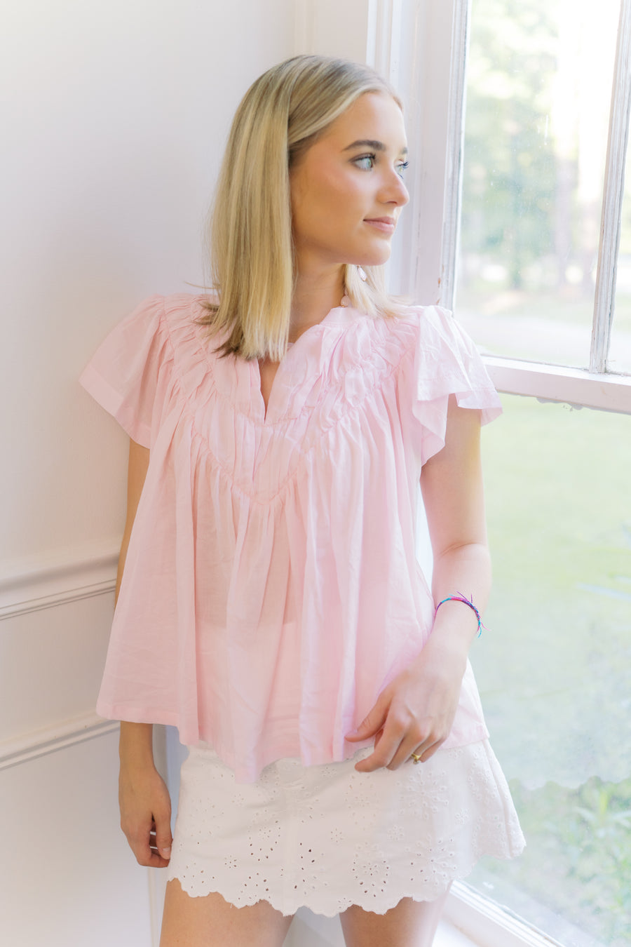Pink Flutter Sleeve Gathered Blouse