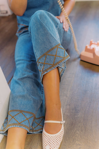 Denim Embroidered Flowy Pant Set