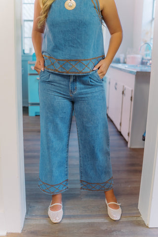 Denim Embroidered Flowy Pant Set