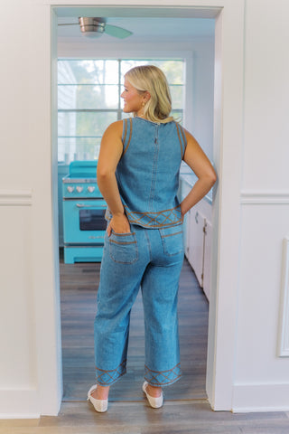 Denim Embroidered Flowy Pant Set