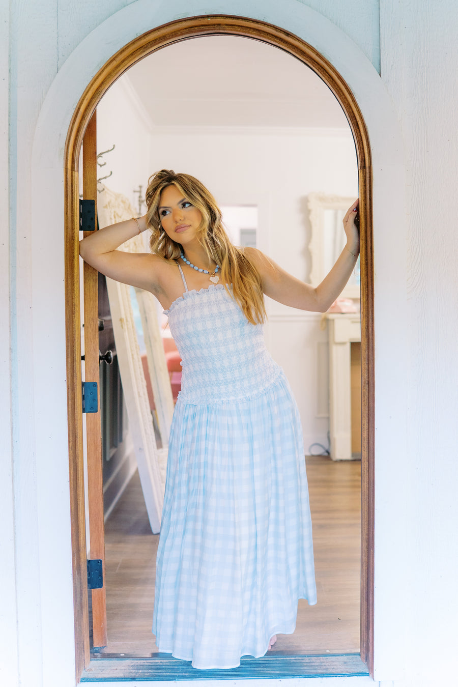 Sky Blue Gingham Smocked Maxi Dress