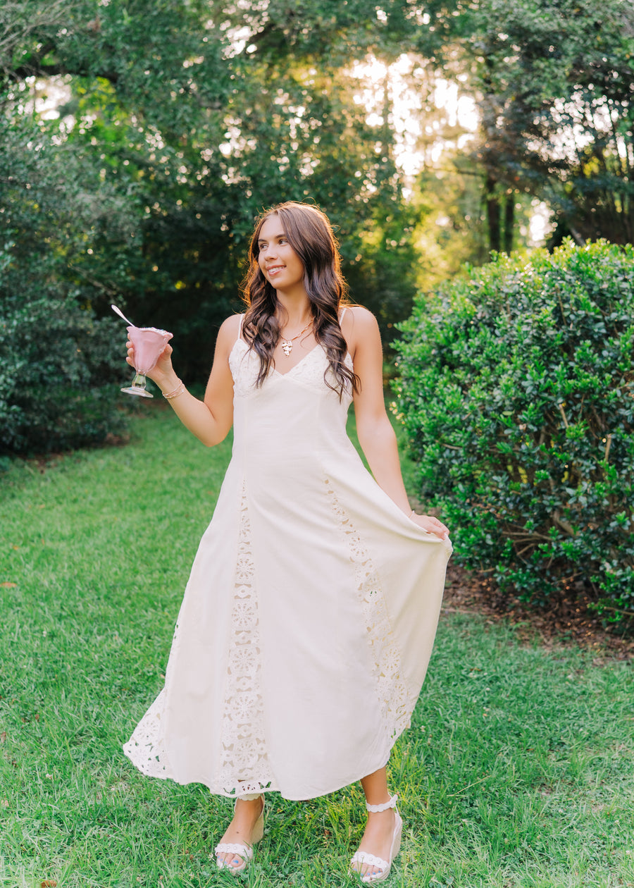 Cream Lace Embroidered Maxi Dress