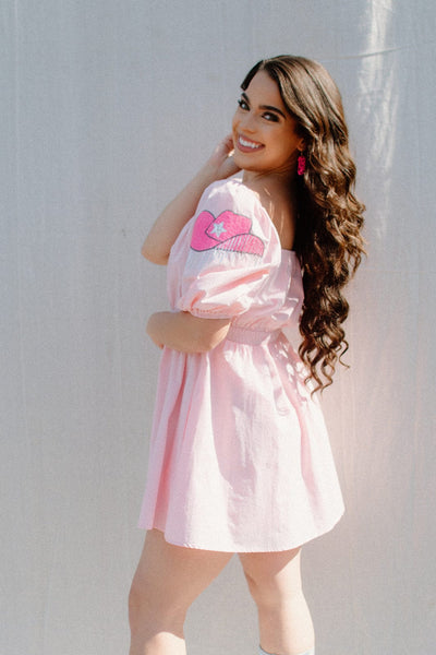 Pink Sequin Western Patch Babydoll Dress