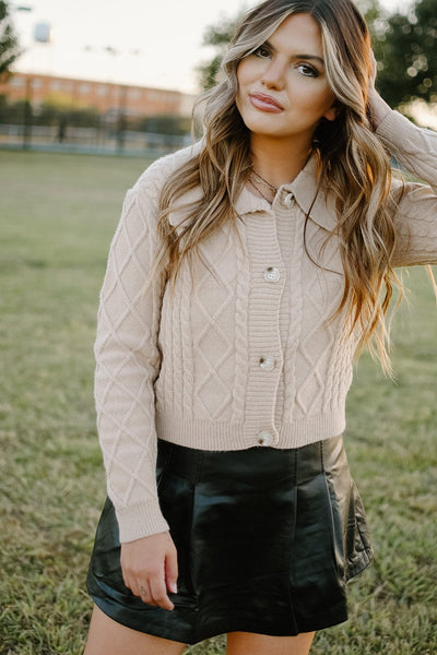Taupe Cable Knit Collared Cardigan