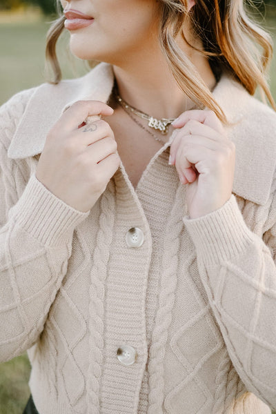 Taupe Cable Knit Collared Cardigan