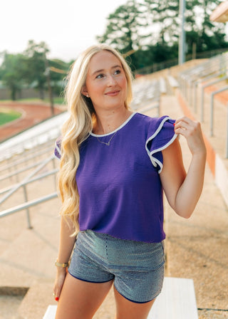 Purple Ruffle Sleeve Contrast Top