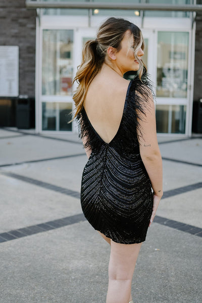 Black Sequin Feather Cocktail Dress