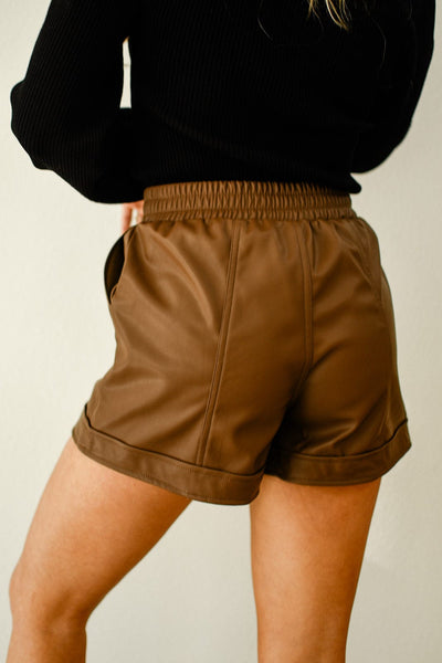 Chocolate Elastic Waist Leather Shorts