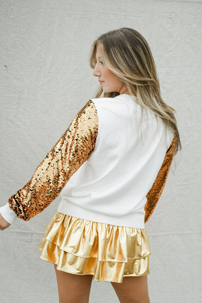 White & Gold Sequin Sleeve Sweater