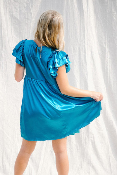 Jade Satin Flutter Sleeve Dress