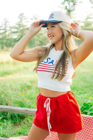 Red Elastic Waist Drawstring Skort