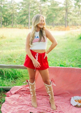 Red Elastic Waist Drawstring Skort