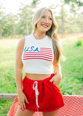 Red Elastic Waist Drawstring Skort