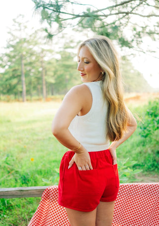 Red Elastic Waist Drawstring Skort