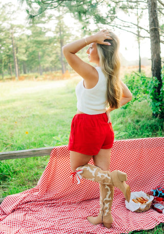 Red Elastic Waist Drawstring Skort