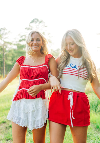 Red Elastic Waist Drawstring Skort