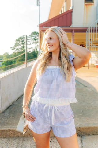Purple Gingham Ruffle Trim Short Set