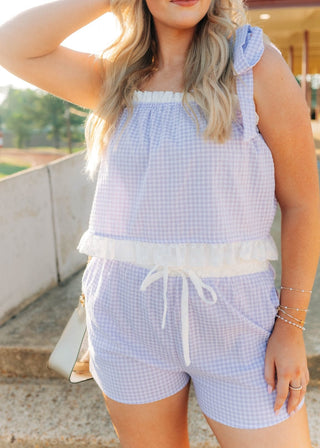 Purple Gingham Ruffle Trim Short Set