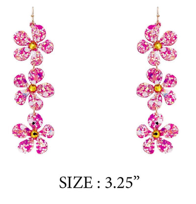 Pink Glitter Flower Drop Earrings