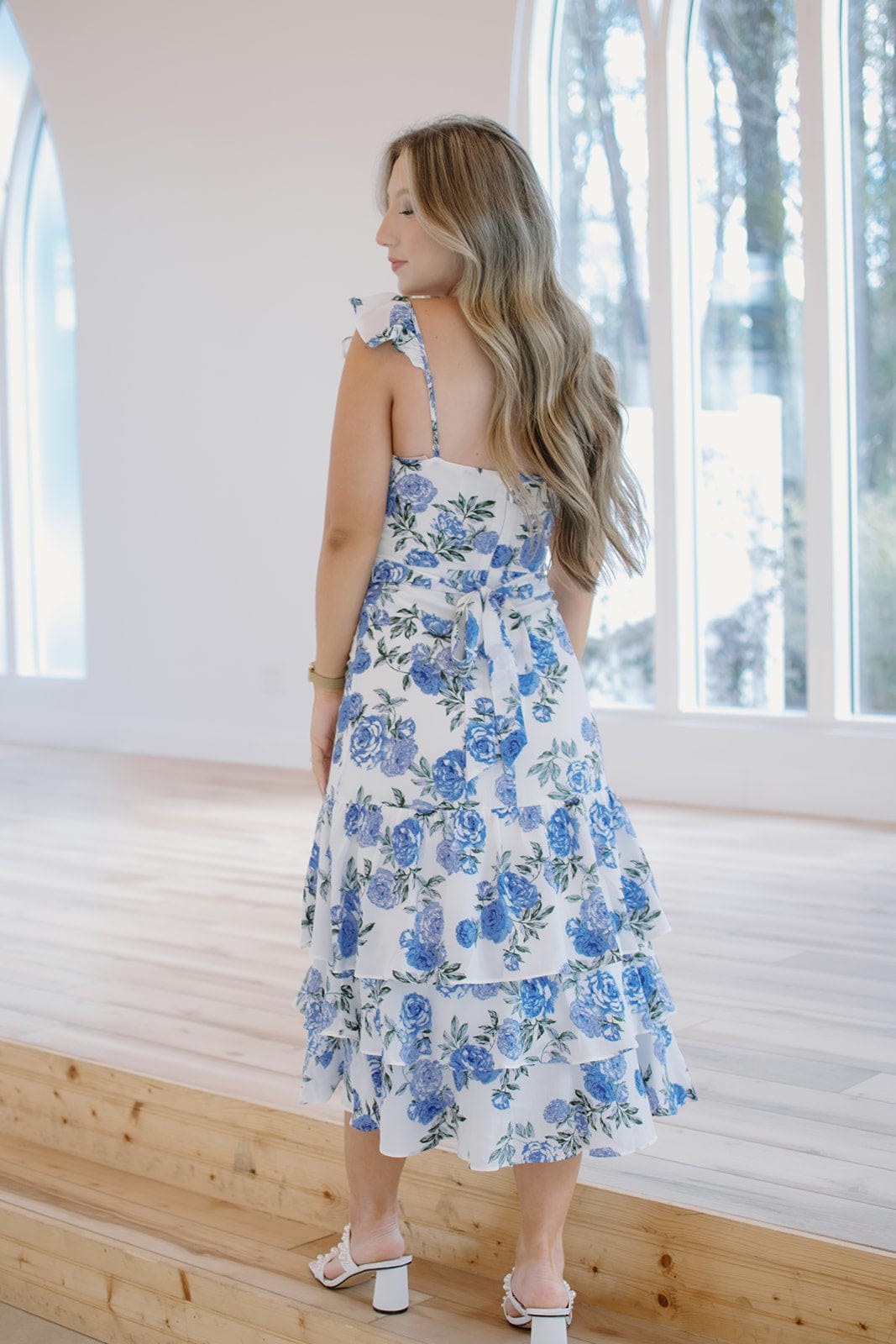 Blue & White Floral Ruffle Tiered Midi Dress