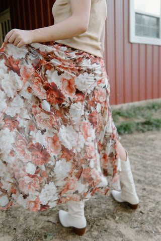 Fall Floral Ruffle Maxi Skirt