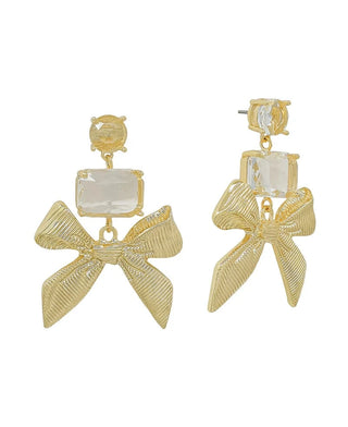 Gold drop crystal and bow earrings.