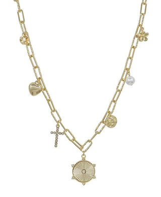 Gold chain link necklace with flower, heart, cross, circle, pearl, and star charms.