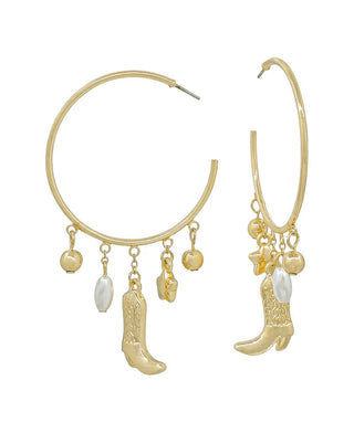 Gold thin hoops with circle, star, pearl, and boot charms.