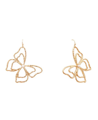 Gold butterfly shaped earrings with pearl center detailing.
