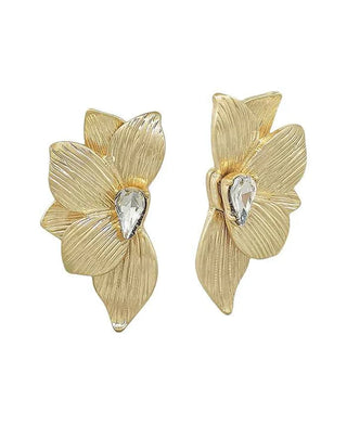 Gold flower petal detailed earrings with rhinestone center.