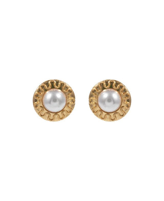 Gold trim circle pearl hypoallergenic earrings. 