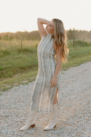 Green Striped Crochet Midi Dress