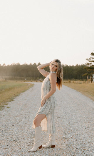 Green Striped Crochet Midi Dress