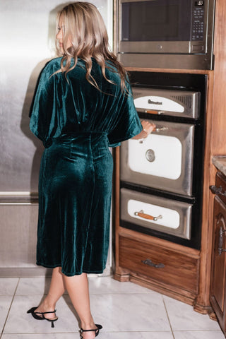 Green Velvet Kimono Sleeve Midi Dress