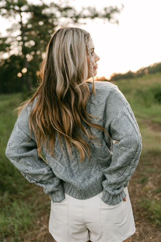 Grey Braided Bow V-Neck Sweater