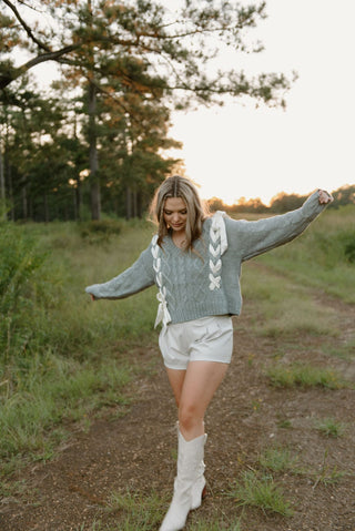 Grey Braided Bow V-Neck Sweater