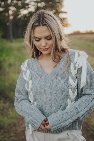 Grey Braided Bow V-Neck Sweater