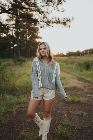 Grey Braided Bow V-Neck Sweater