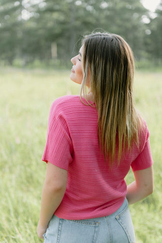 Hot Pink Knit Short Sleeve Ribbed Tee