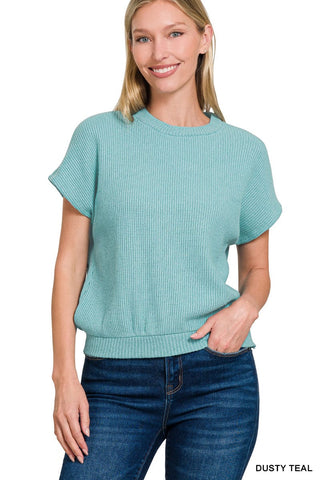 Dusty Teal Banded Bottom Knit Top
