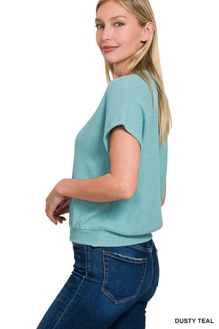 Dusty Teal Banded Bottom Knit Top