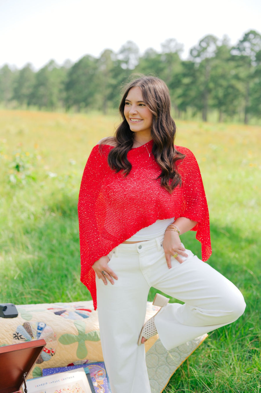 Red Sequin Detail Poncho Top