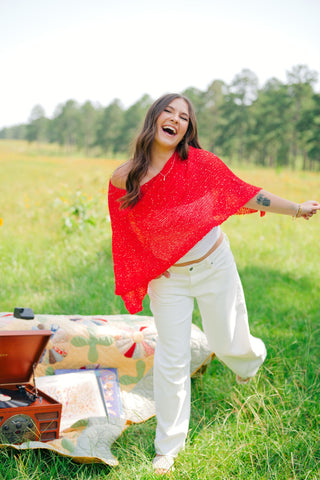 Red Sequin Detail Poncho Top