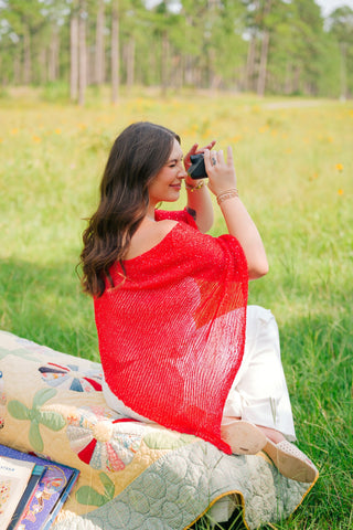 Red Sequin Detail Poncho Top
