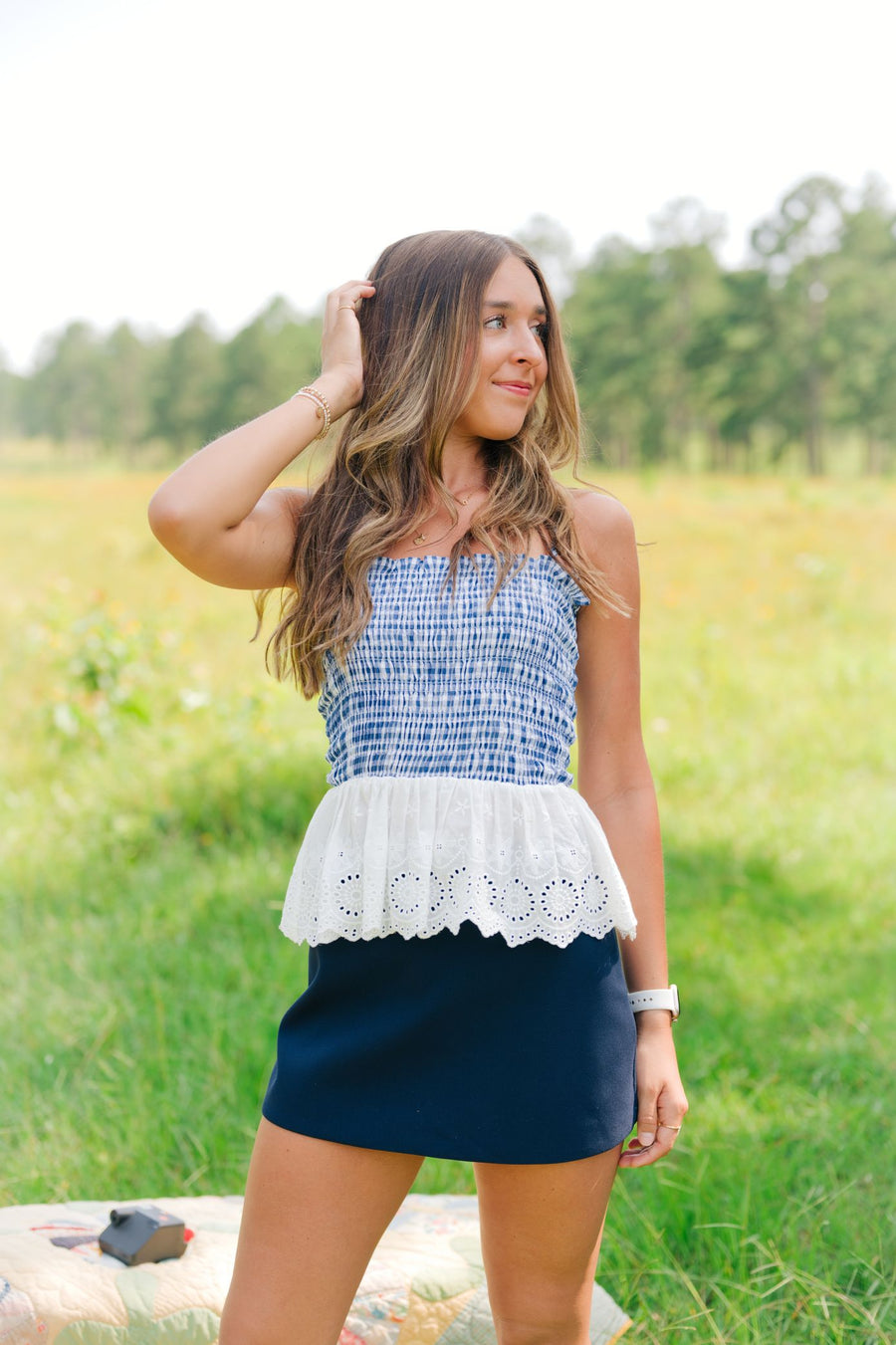 Navy Gingham Eyelet Trim Top