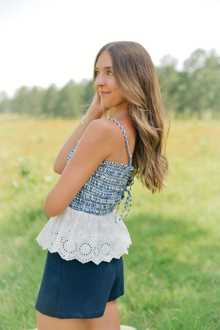 Navy Gingham Eyelet Trim Top