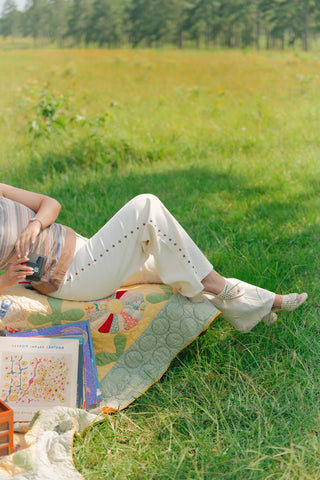 Cream Studded Wide Leg Jeans