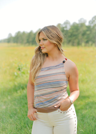 Mocha Beaded One Shoulder Striped Top