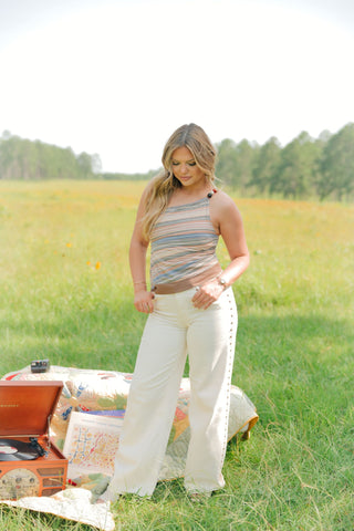 Cream Studded Wide Leg Jeans