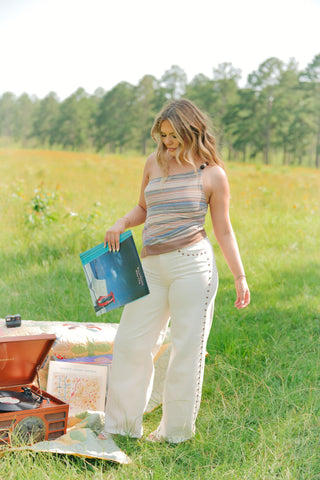 Cream Studded Wide Leg Jeans